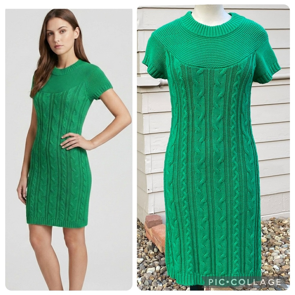 ND Kelly Green Sweater Dress Cable Knit Crew Neck SZ M Short Sleeve Bodycon